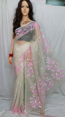 Pink & White Pure Silk Mark Certified Muslin Sarees Get Extra 10% Discount on All Prepaid Transaction