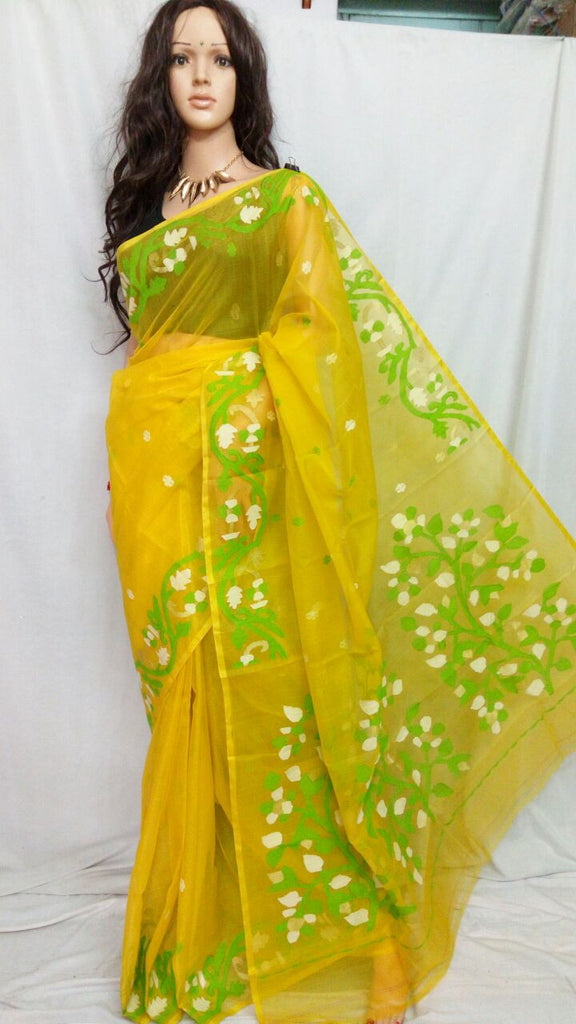 Yellow & Green Pure Silk Mark Certified Muslin Sarees Get Extra 10% Discount on All Prepaid Transaction
