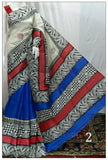 White & Blue Multi  Zari Border Pure Silk Mark Certified Tussar Silk Sarees