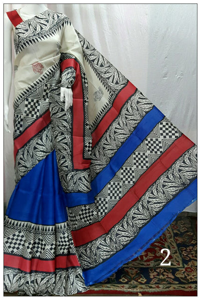 White & Blue Multi  Zari Border Pure Silk Mark Certified Tussar Silk Sarees