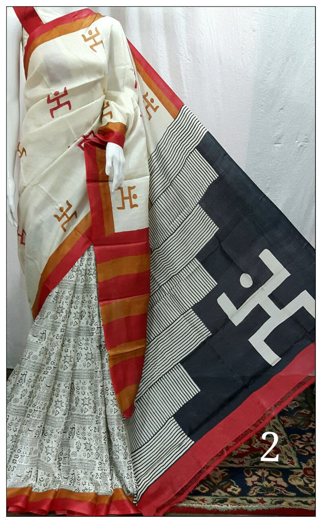 White ,Black & Red  Zari Border Pure Silk Mark Certified Tussar Silk Sarees