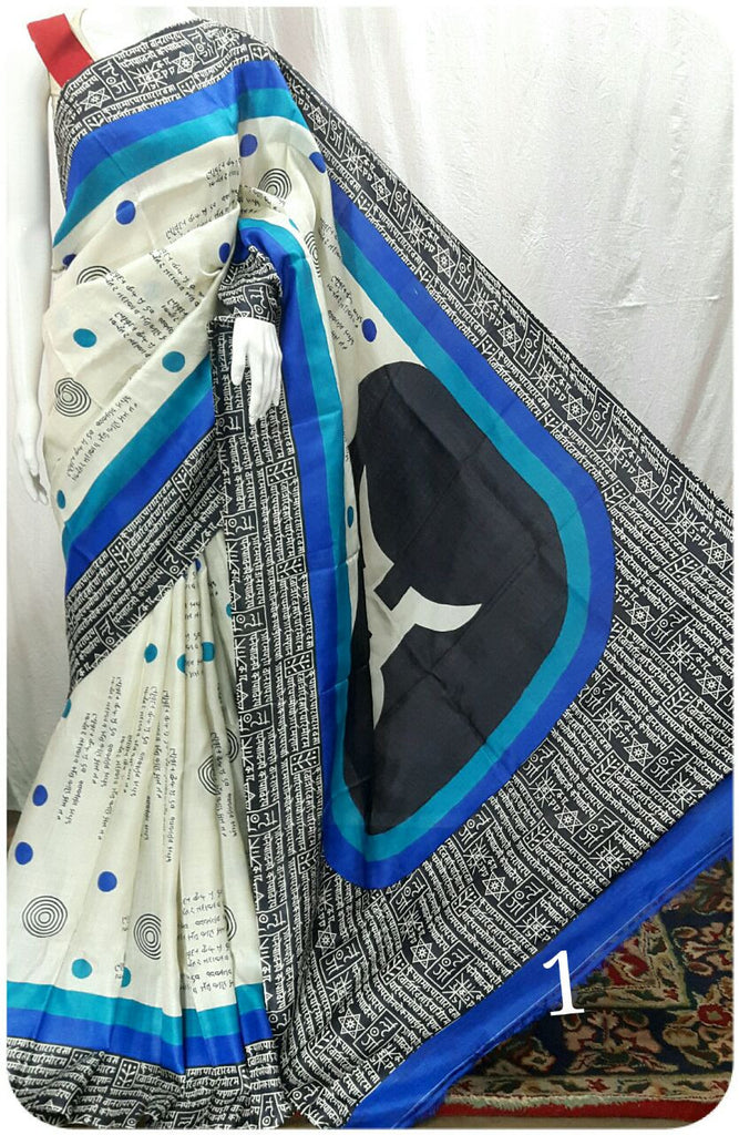 White,Blue & Black  Zari Border Pure Silk Mark Certified Tussar Silk Sarees