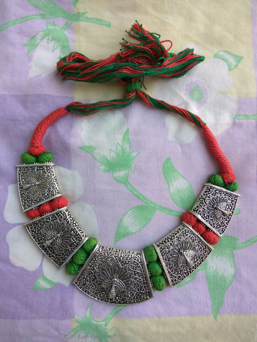 Red & Green Heavy Peacock Oxidise Silver Jewellery