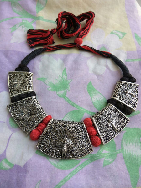 Red & Black Heavy Peacock Oxidise Silver Jewellery