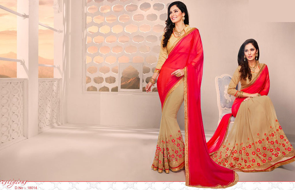 Kalista Fancy Red & Beige Georgette Sarees