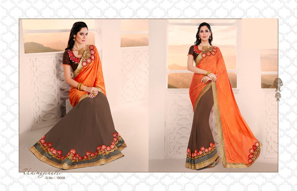 Kalista Fancy Orange & Brown Georgette Sarees