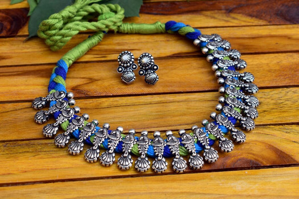 German Silver Lightweight Shiv Nandi Pendant Black Bead Thread Dori Necklace  with Stud Designer Jhumki Necklace Set for Women and Girls. | K M  HandiCrafts India