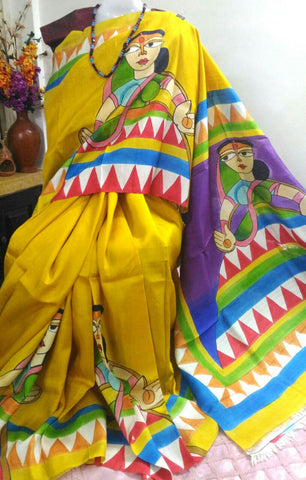 Yellow Hand Painted Pure Silk Mark Certified Bishnupuri Silk Sarees