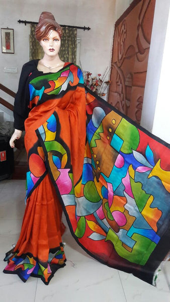 Orange Hand Painted Pure Silk Mark Certified Bishnupuri Silk Sarees