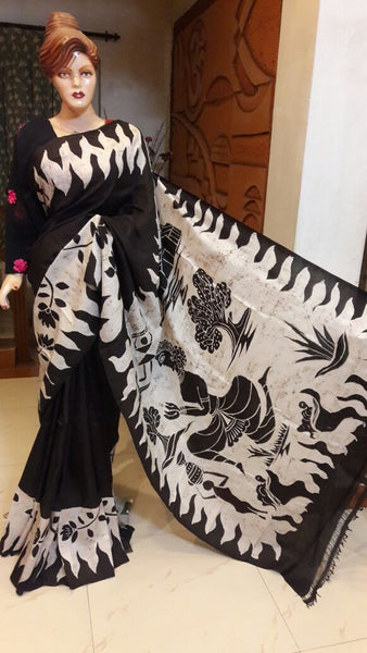 Black & White Hand Painted Pure Silk Mark Certified Bishnupuri Silk Sarees