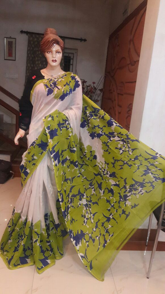 White & Green Hand Painted Pure Silk Mark Certified Bishnupuri Silk Sarees