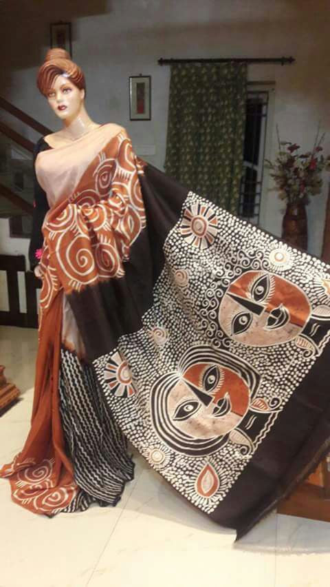 Orange White Hand Painted Pure Silk Mark Certified Bishnupuri Silk Sarees