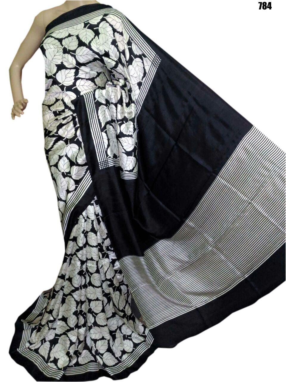 Black Leaves Block Printed Silk Mark Certified Bishnupuri Silk Sarees