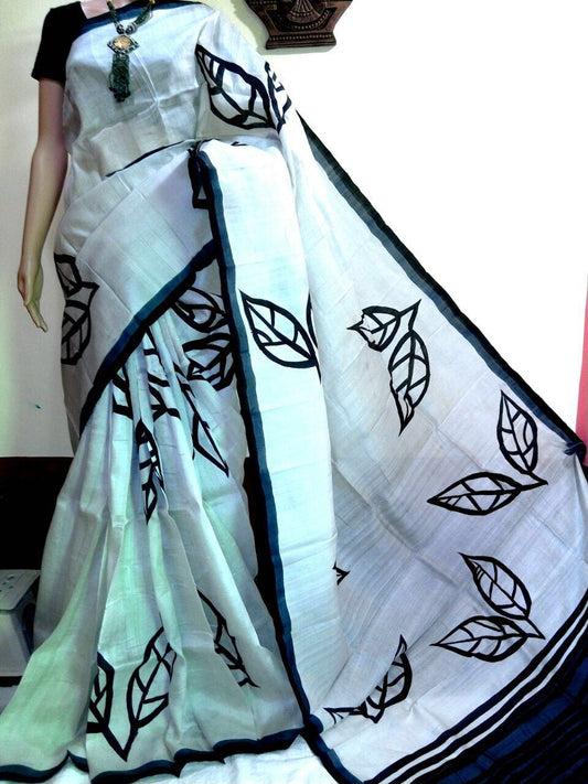 White Hand Painted Pure Silk Mark Certified Bishnupuri Silk Sarees