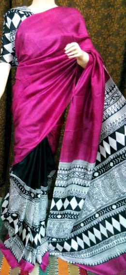 Purple Block Printed Pure Silk Mark Certified Bishnupuri Silk Sarees