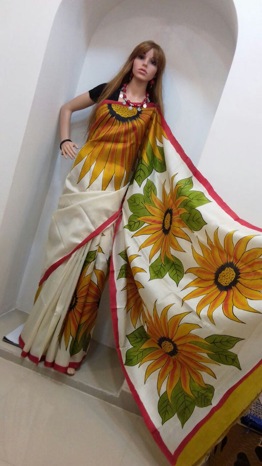 White Hand Painted Pure Silk Mark Certified Bishnupuri Silk Sarees