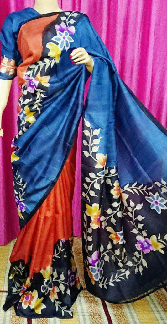 Blue Hand Painted Pure Silk Mark Certified Bishnupuri Silk Sarees - Dailybuyys