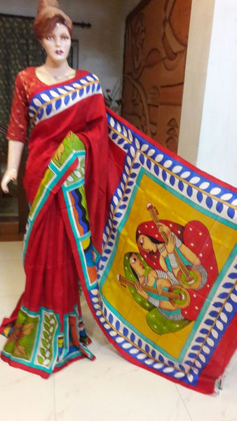 Red Mahasewari Handprint Batik Chanderi Silk Sarees
