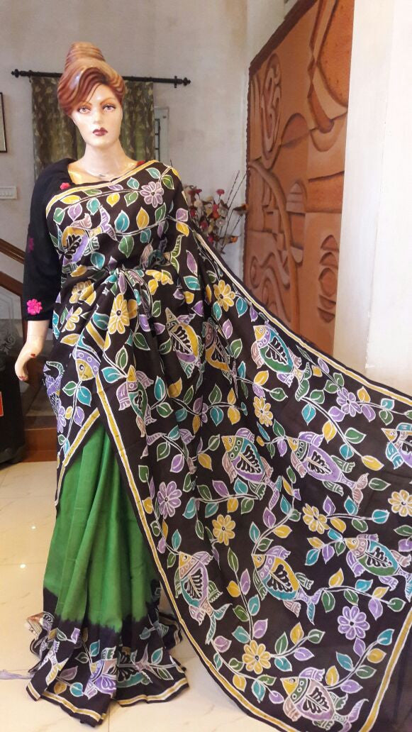 Green & Black Mahasewari Handprint Batik Chanderi Silk Sarees