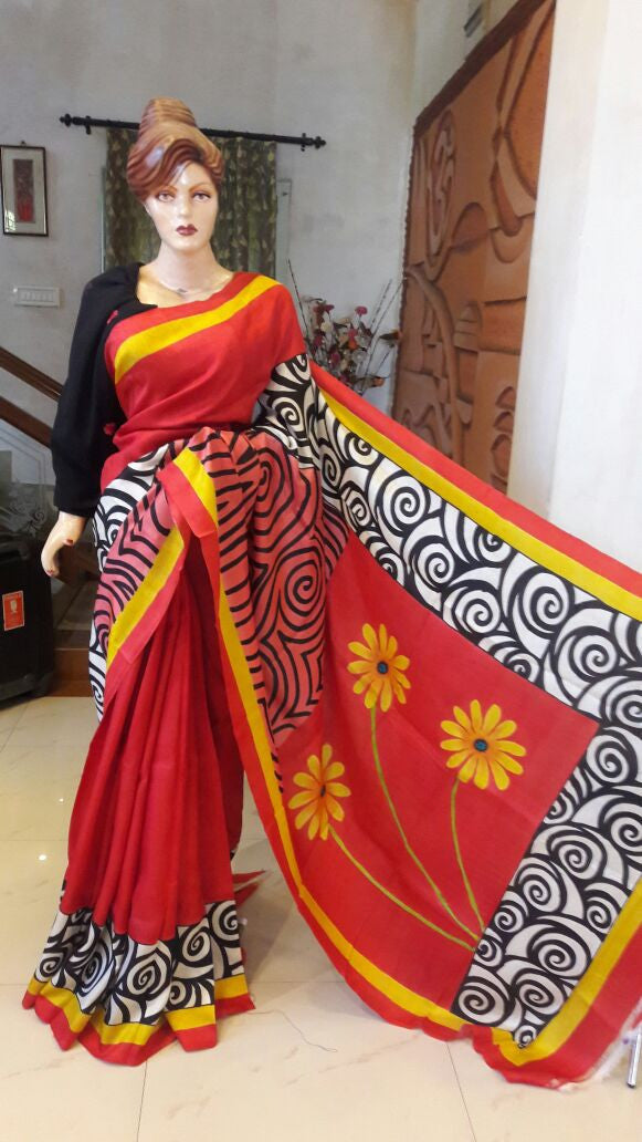 Red Mahasewari Handprint Batik Chanderi Silk Sarees