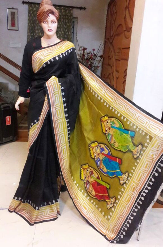 Black Mahasewari Handprint Batik Chanderi Silk Sarees