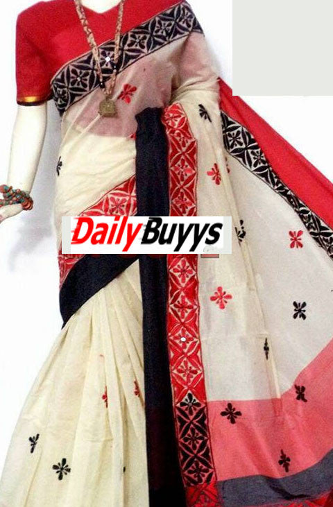 White & Red Bangladeshi Pure Cotton Kathiawari Sarees