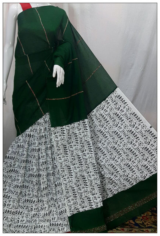 Green White Pure Cotton Gurjari khesh Sarees - Dailybuyys