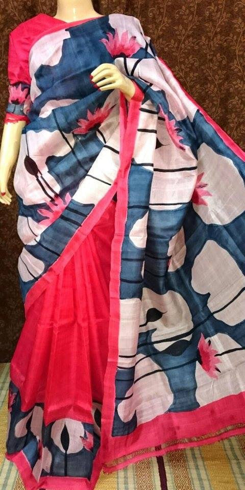 Red  Red & Grey Hand Print Pure Silk Mark Certified Bishnupuri Silk Sarees - Dailybuyys