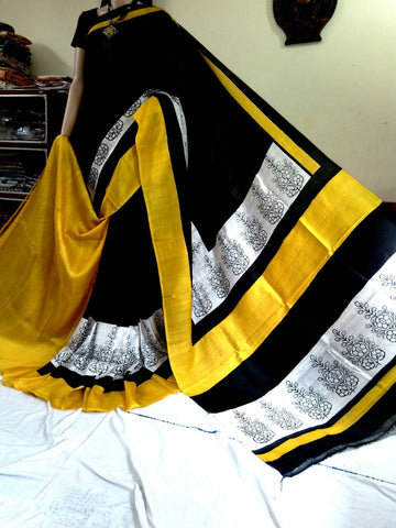 Yellow & Black Pure Silk Mark Certified Murshidabad Silk Sarees