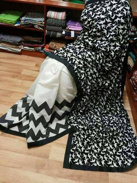 White & Black Pure Silk Mark Certified Murshidabad Silk Sarees