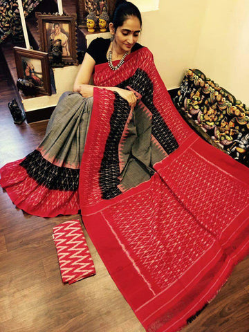 Grey Red Pure Mulmul Batik Sarees Get Extra 10% Discount on All Prepaid Transaction