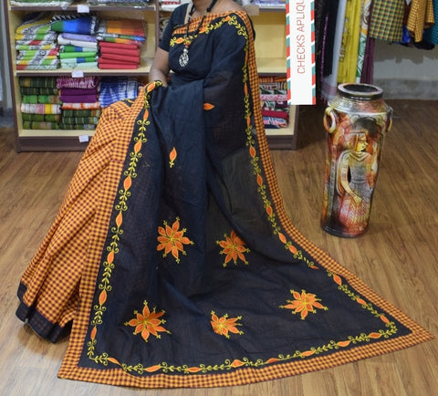 Yellow Black Applique Sarees