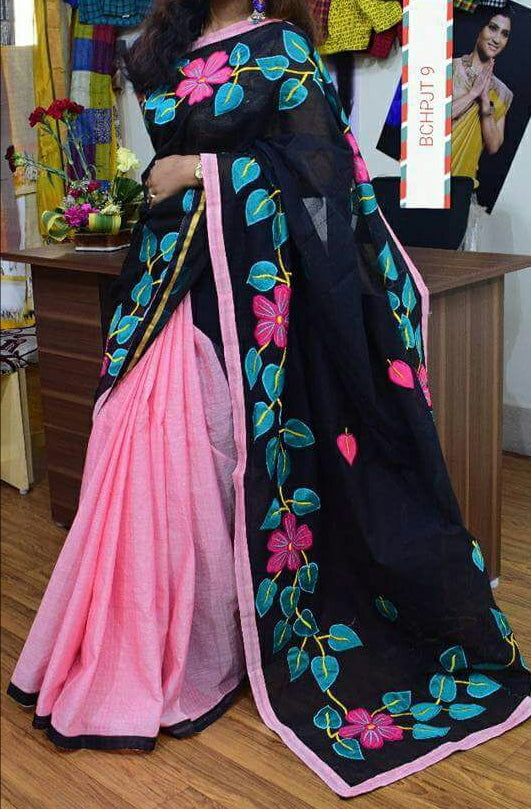 Pink Blue Applique Sarees