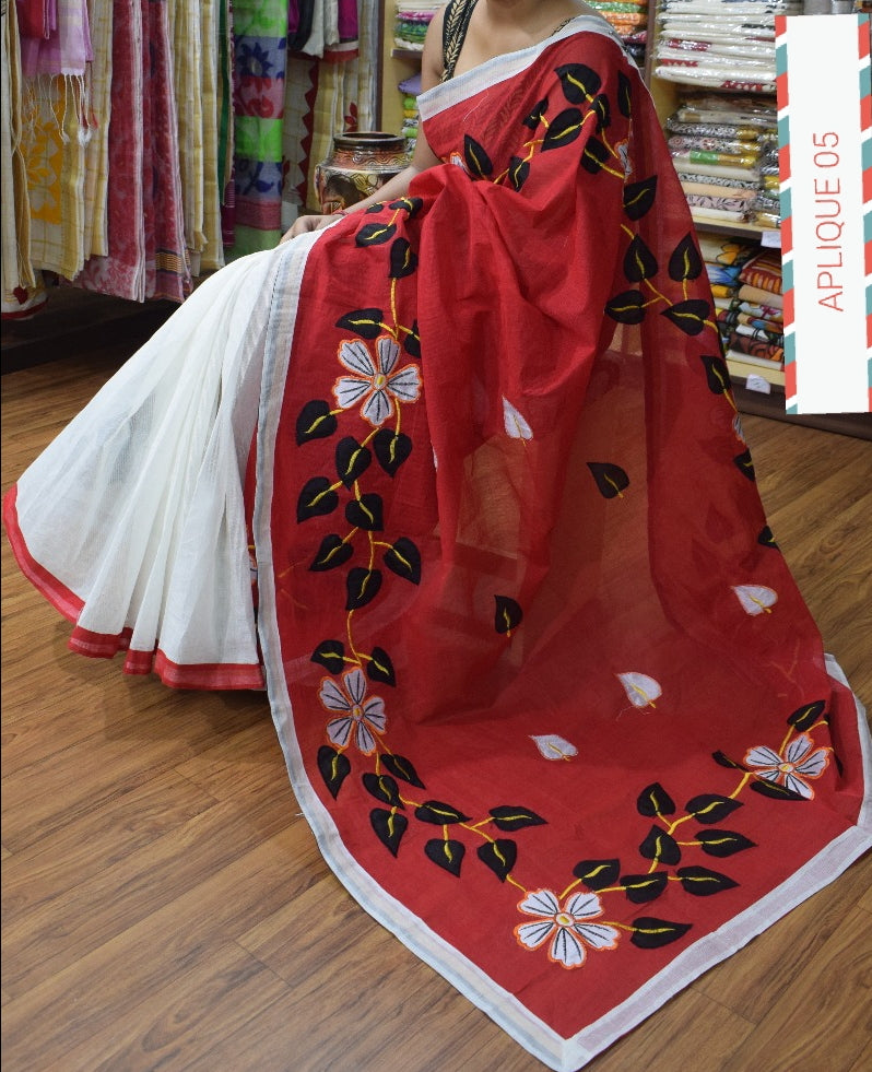 Red White Applique Sarees