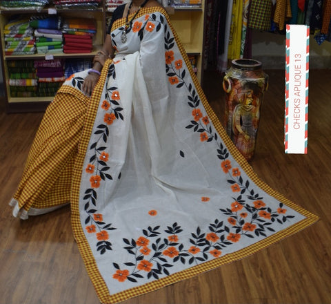 Yellow White Applique Sarees