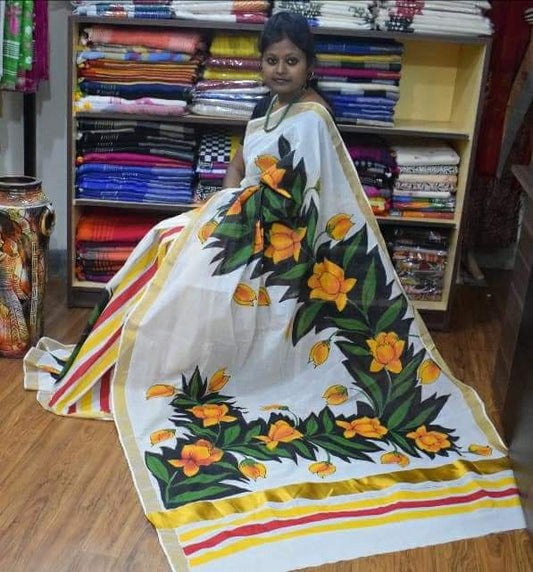 White Kerala Pure Cotton Sarees