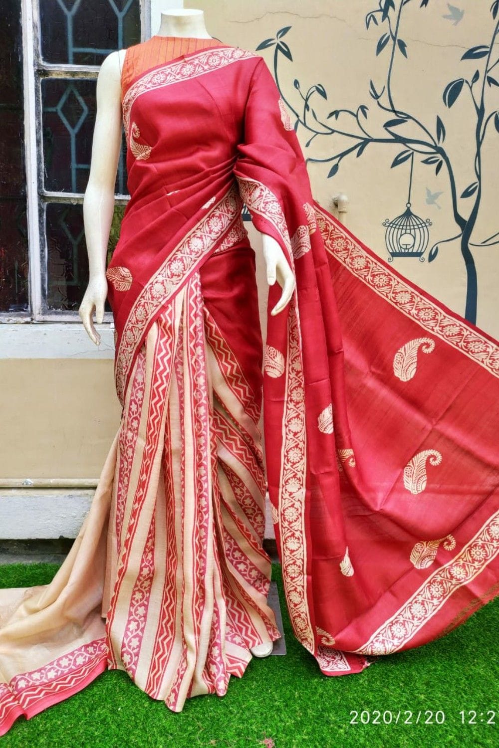 Red Beige Hand Painted Pure Silk Mark Certified Bishnupuri Silk Sarees