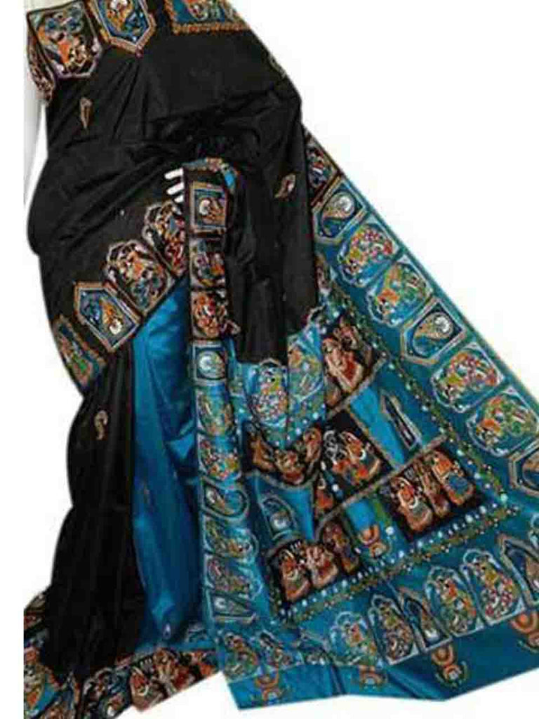 Black & Blue Design Sonamukhi Pure Bangalore Silk Sarees - Dailybuyys