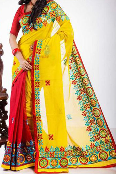 Yellow Red Kachiwork Bangladesi Silk Mark Certified Muslin Resom Silk Sarees