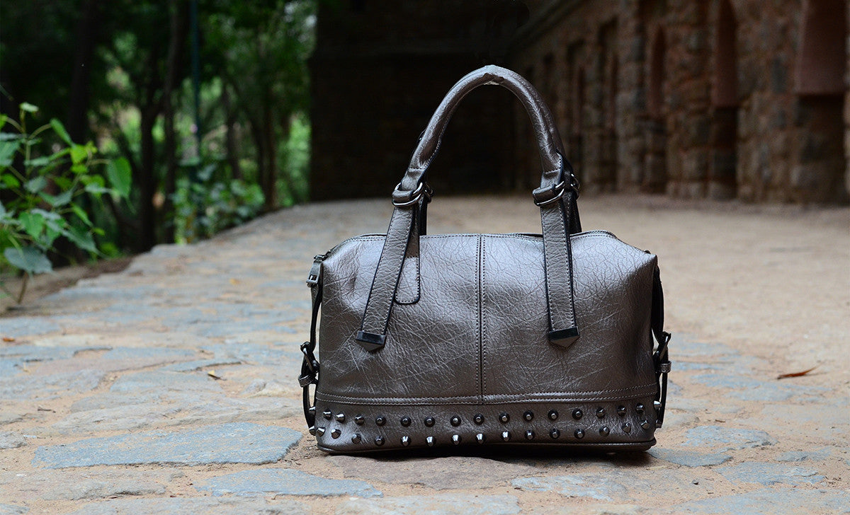 Grey Studded Duffle Hand Bags