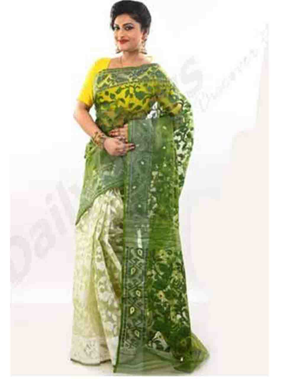 Green Gold & White Dhakai Jamdani Sarees