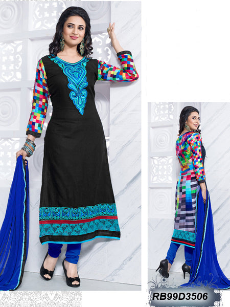 Black Blue UnStitched Glace Cotton Salwar Puja Offer - Dailybuyys