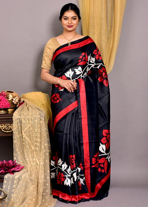 Black Floral Silk Mark Certified Bishnupuri Silk Sarees