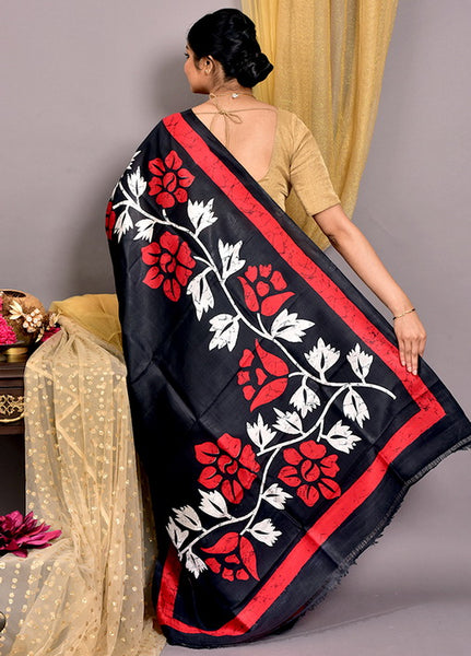 Black Floral Silk Mark Certified Bishnupuri Silk Sarees