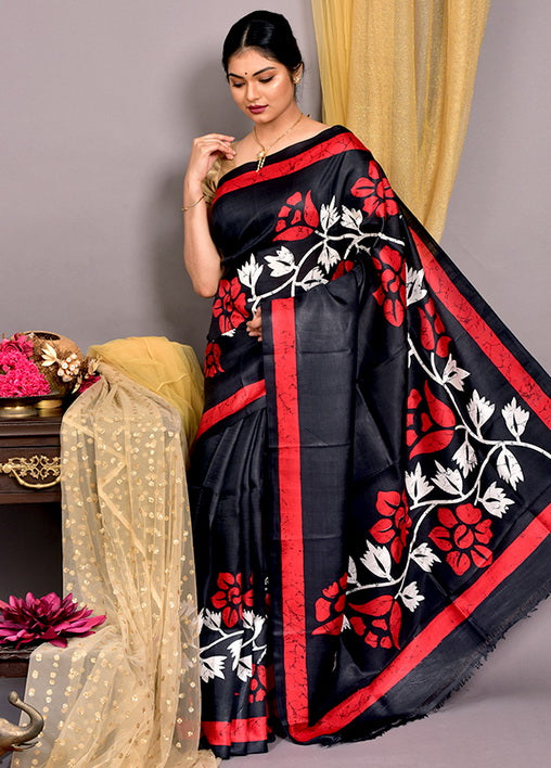 Black Floral Silk Mark Certified Bishnupuri Silk Sarees