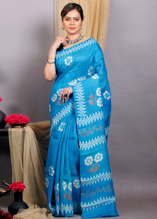 Blue Block Print Silk Mark Certified Bishnupuri Silk Sarees