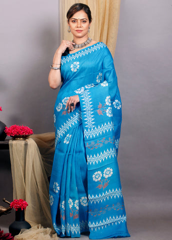 Blue Block Print Silk Mark Certified Bishnupuri Silk Sarees