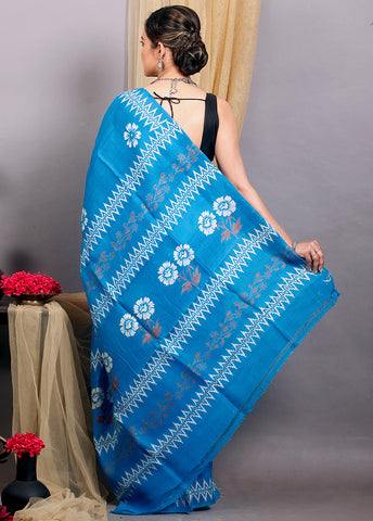 Blue Block Print Silk Mark Certified Bishnupuri Silk Sarees