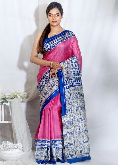 Pink Block Print Silk Mark Certified Bishnupuri Silk Sarees