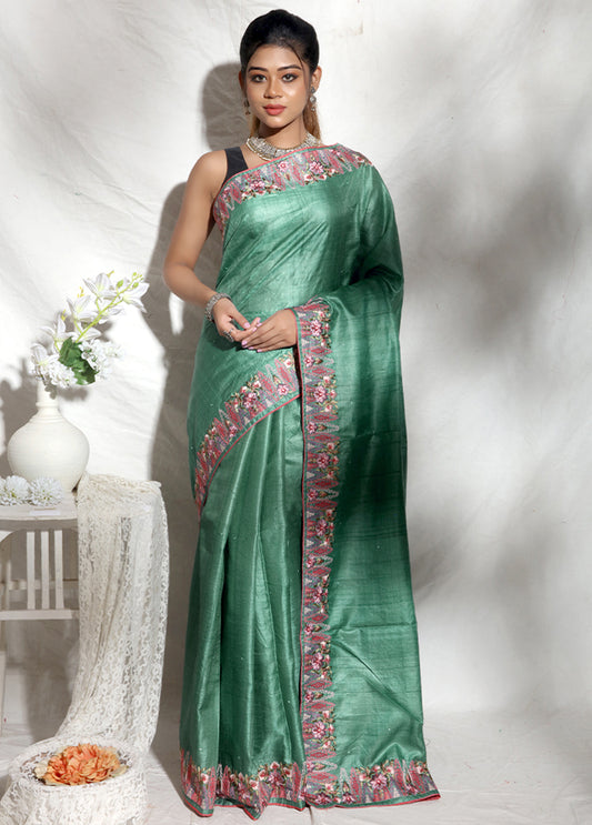 Embroidery Work Teal Color Pure Silk Mark Certified Tussar Silk Sarees